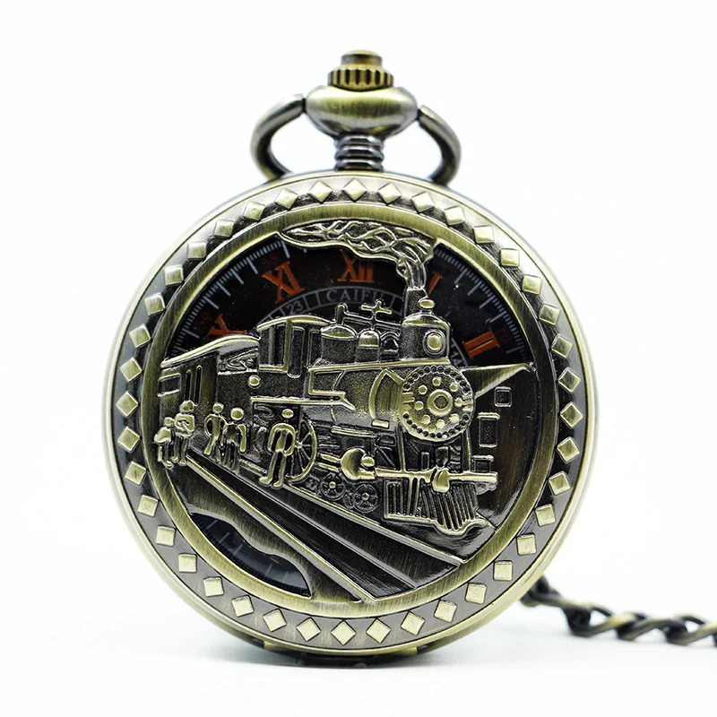 Поезд резные Винтаж карманные часы Механическая Рука обмотки Цепочки и ожерелья