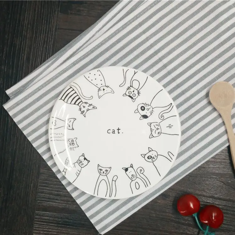 Обеденные тарелки с мультяшным котом керамические 8 * дюймов стандартные плоские
