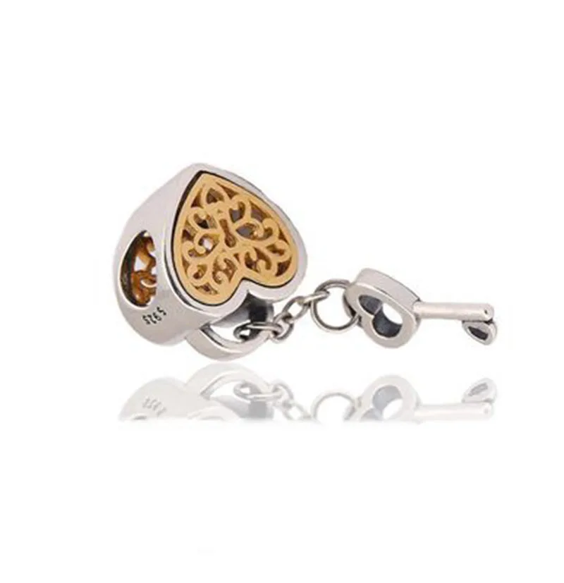 Openwork Gold color Love Heart Charm Bead 925 Sterling Silver Key love Locked Diy Beads Fit Bracelets Wholesale Jewelry | Украшения и