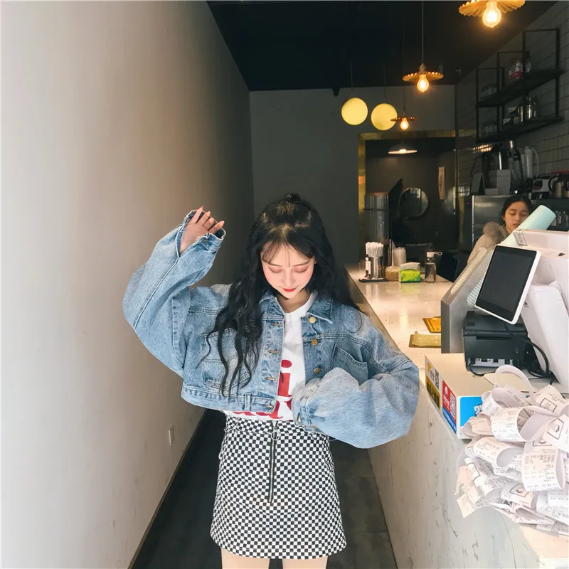 2019 Весенняя короткая Корейская джинсовая куртка Женская Harajuku винтажная