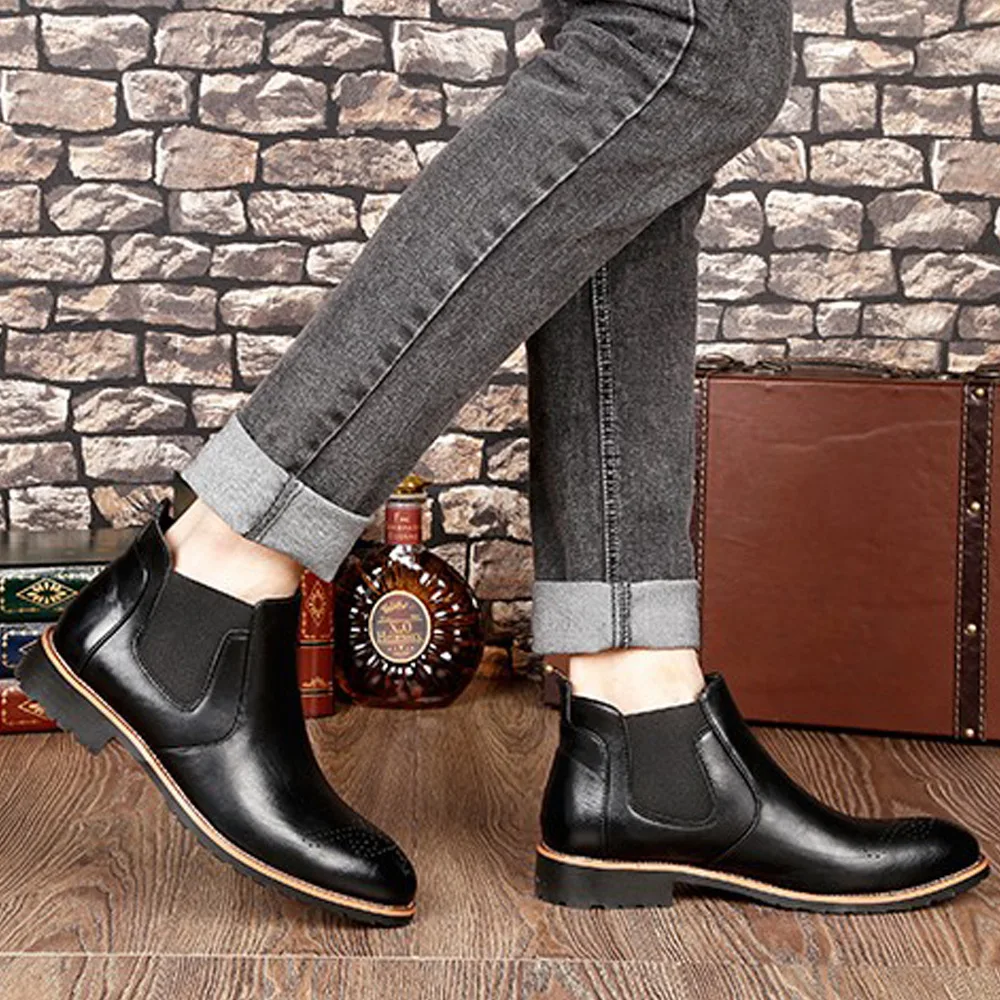 

Spring Winter Fur Men's Chelsea Boots Leather Casual Carved Shoes Male British Style Slip-on Wedding Dress Ankle Boots for Man