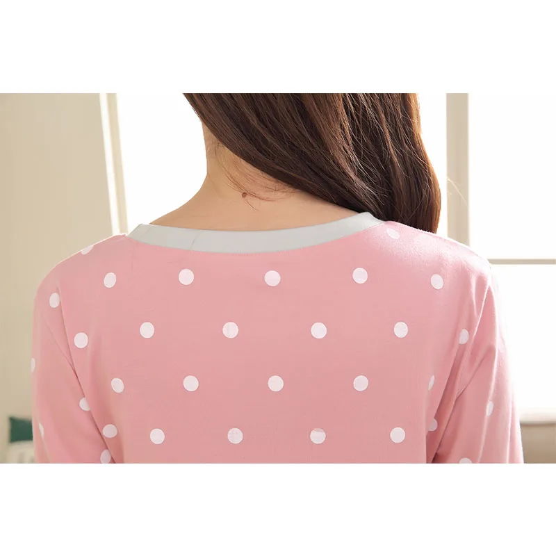 Autumn Cute Casual Pajamas Suit Woman Polka Dot Cat Cotton Full Pants O-neck Tops Sleep Lounge Female | Женская одежда