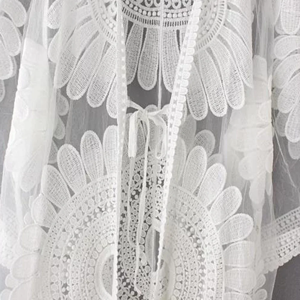 Женский пляжный кардиган Boho белый кружевной свободный с рукавом летучая мышь