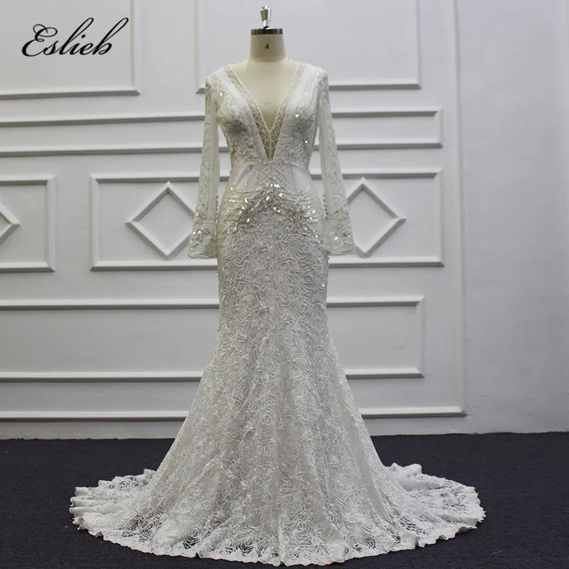 Eslieb Custom made Mermaid Wedding dresses V-NECK Beads wedding dress 2019 Long Sleeves Bridal Dresses Vestido de Noiva | Свадьбы и