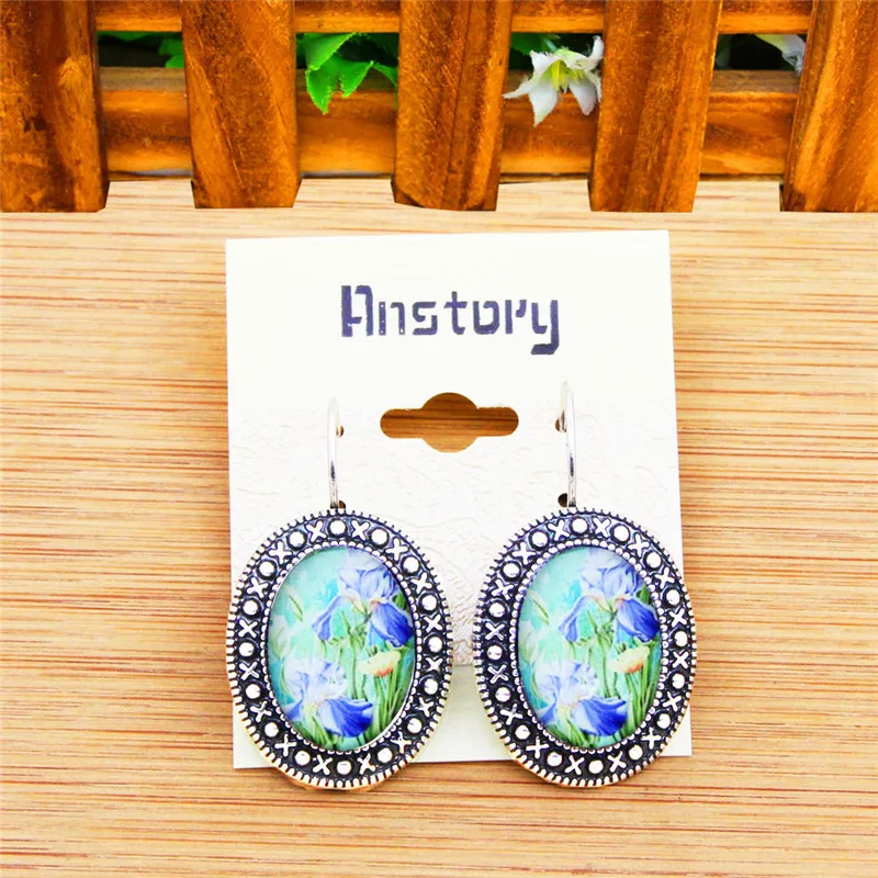 Oval Acrylic Daffodil Flower Earrings Vintage Pendant For Women Antique Silver Plated Fashion Jewelry TE446 | Украшения и