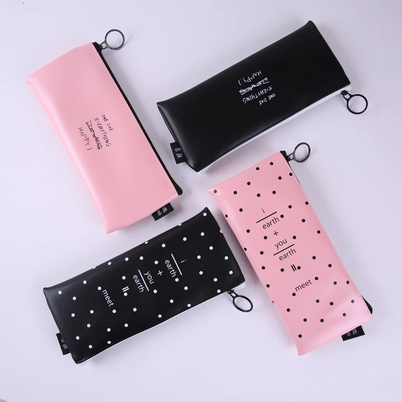 Cute Pink pencil case for girls Kawaii Black white Dot Pu Leather Pen Bag Stationery Pouch Office School Supplies Zakka escolar |