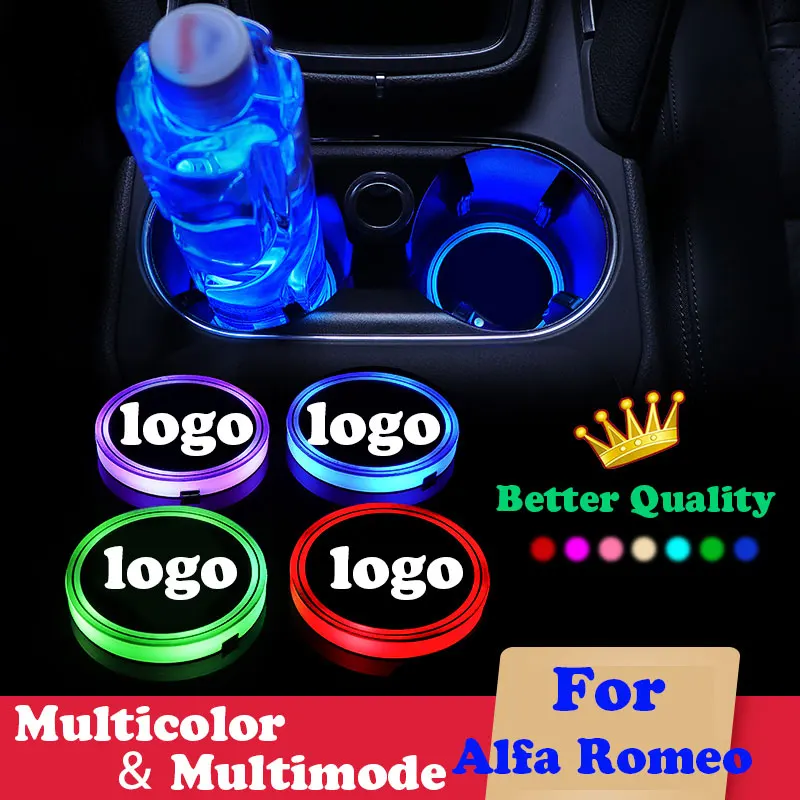 

2X Car luminous coaster Cup Mat For Alfa Romeo Stelvio Giulia 156 166 GTV Atmosphere light Anti Slip 7 Colors USB Accessories