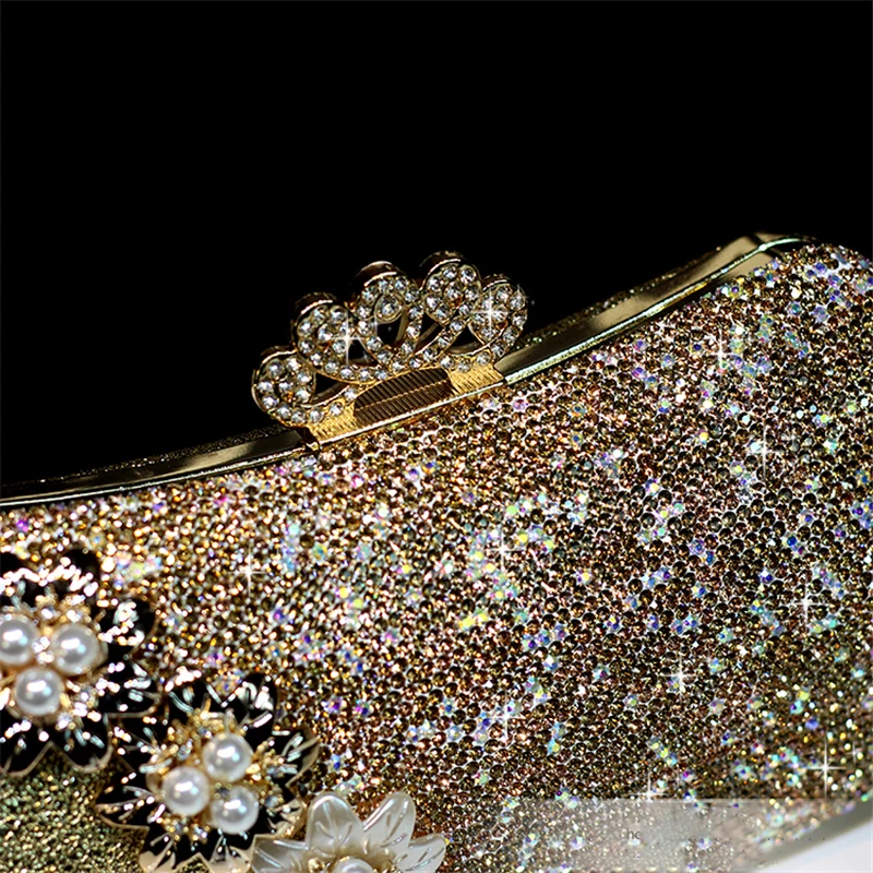 Luxury Handbag Crystal Clutch Women Bridal Wedding Shoulder Bag Floral Genuine Leather Rhinestone Purse Chain Evening Party Bags