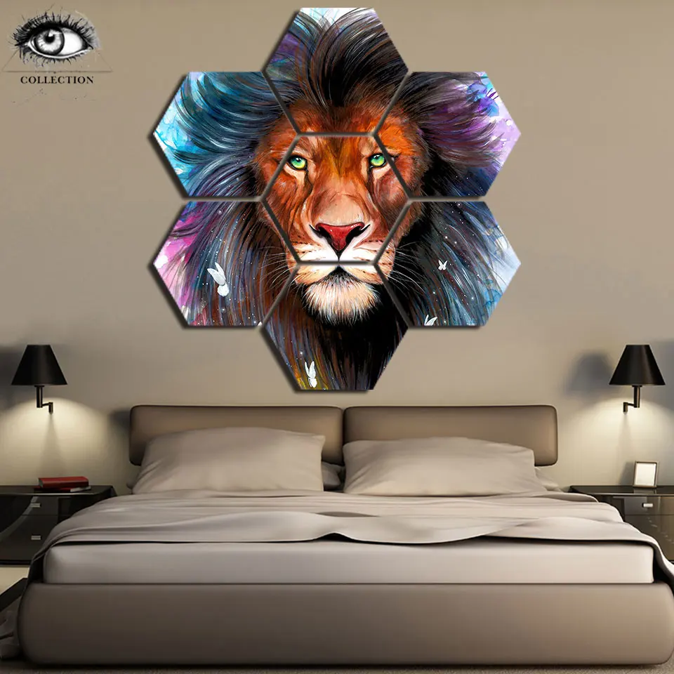 

Scared King by Pixie Cold 7 Pieces hexagon King Lion Canvas Prints Painting Wall Art Modular Picture Modern Decorative Paintings