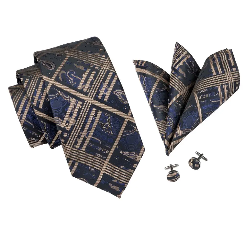 C-1714 Hi-Tie плед коричневый галстук Hanky запонки набор ручной работы Шелковый жаккардовый тканый галстук для мужчин Бизнес Свадебная вечеринка