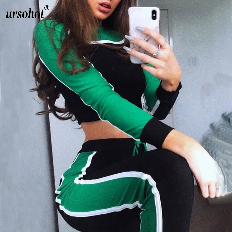 Ursohot Цветные Лоскутные женские комплекты из двух частей спортивный костюм 2018