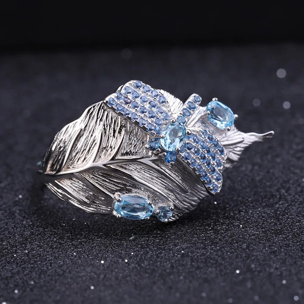GEM'S BALLET, 0.78Ct, натуральный Швейцарский Голубой Топаз, кольцо, 925 пробы, серебро, ручная работа, регулируемое кольцо в виде листа, кольца для женщин, бижутерия