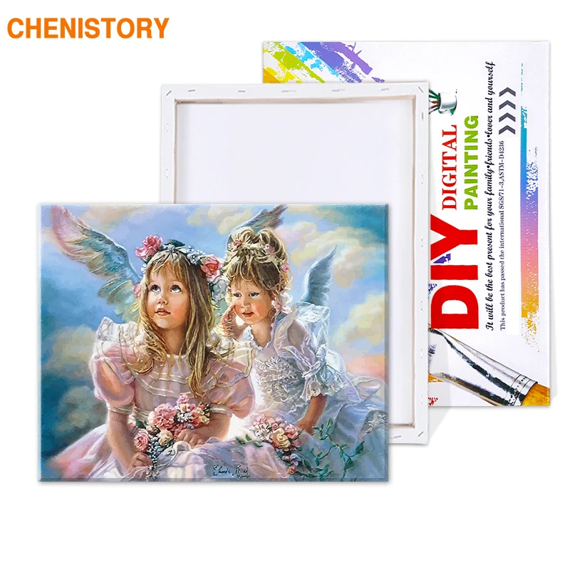 CHENISTORY счастье ангелы DIY Набор для рисования по номерам настенные картины Акриловые Рисунок живопись для домашнего декора 40x50 см