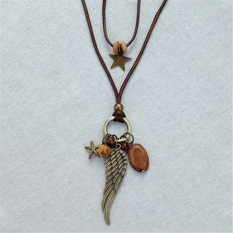 2018 двойной винтажный длинный кулон ожерелье деревянные звезды крылья ручной