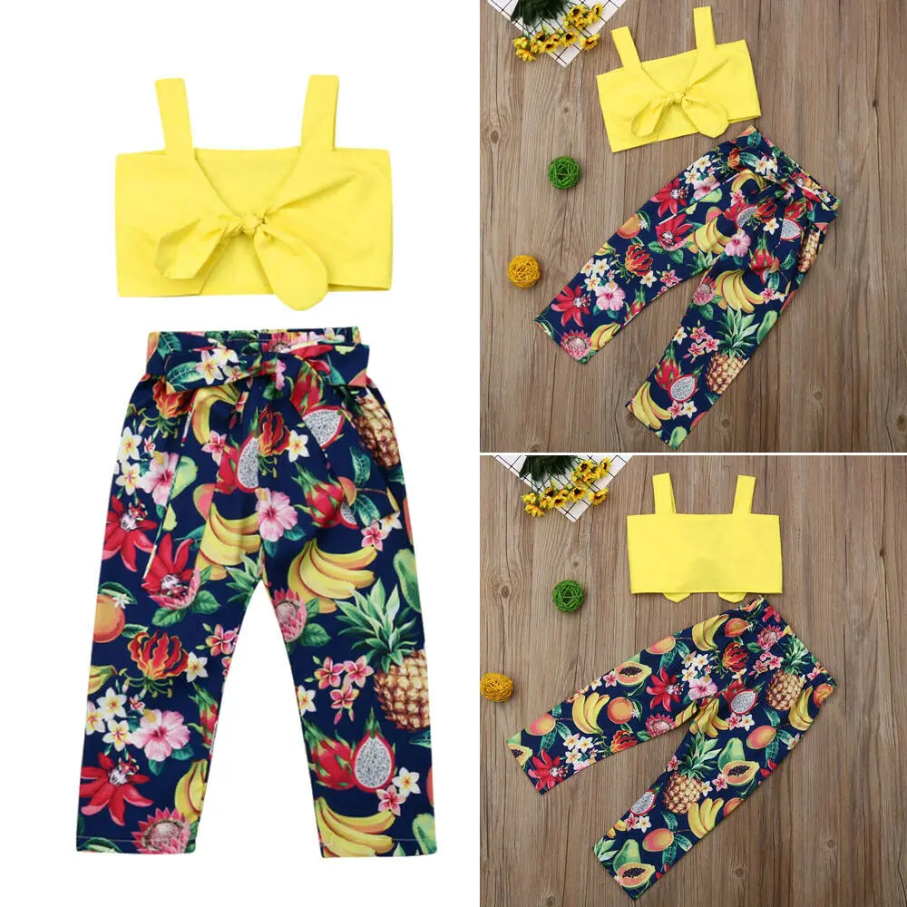 

2019 Newest Fashion Toddler Kid Baby Girl Sunsuit Clothes Sleeveless Bow Strap Sling Short Top Fruit Print Pant Outfits Set