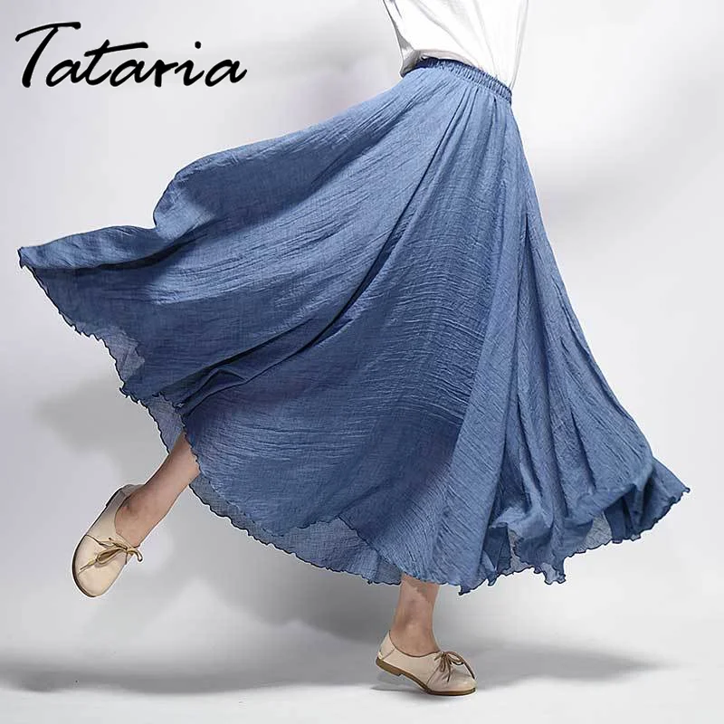 Tataria/Женская юбка из хлопка и льна, плиссированная трапециевидная юбка с высокой талией, Женская винтажная Однотонная юбка с эластичной резинкой на талии до щиколотки