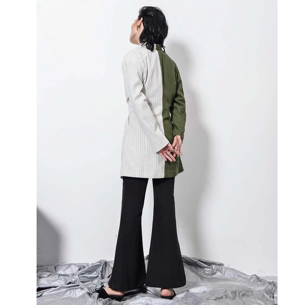 Women Autumn Suit Pattern Striped Color Block Turn-down Collar Single Button Slim Cotton Jacket Green Navy Blue FS0676 | Женская одежда
