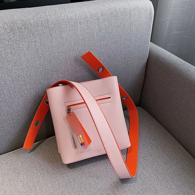 Female bag split leather bucket handbag high quality child large capacity shoulder word powder green color Messenger | Багаж и сумки