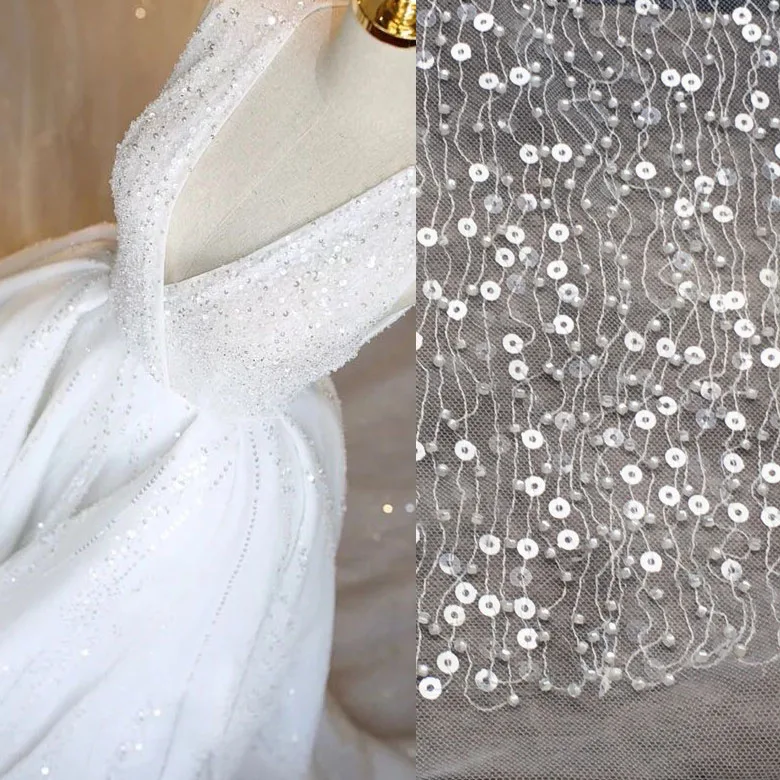 

Handmade Beads Sequins Embroidery Embroidered Mesh Transparent Fabric Wedding Dress Diy Material Dress Decorative Cloth RS308