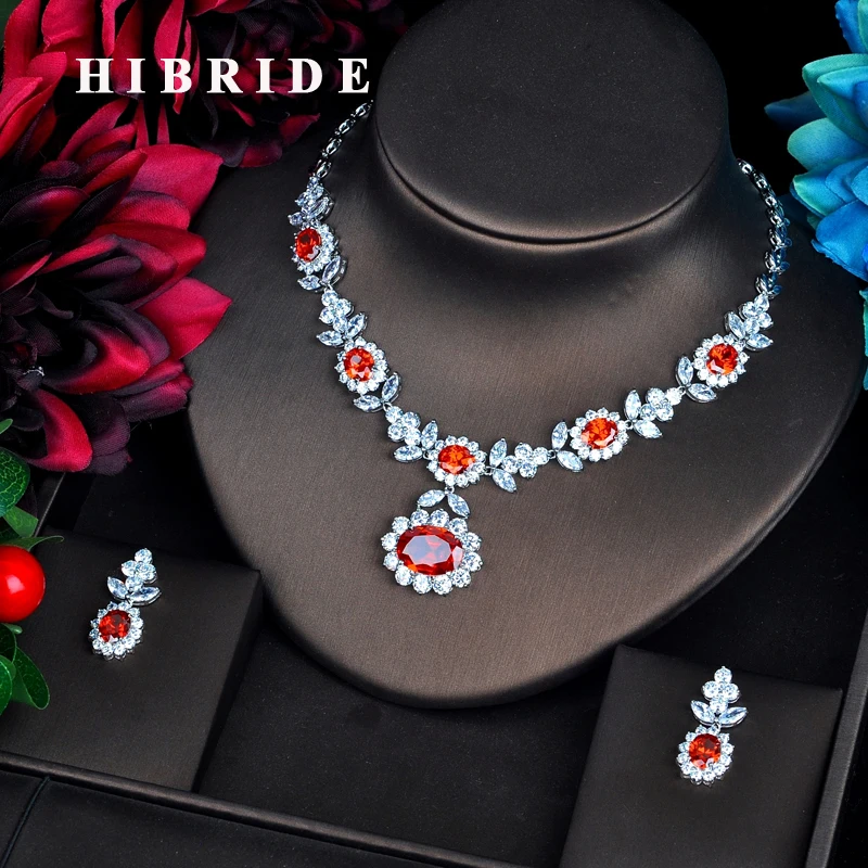 

HIBRIDE Fashion Red CZ Jewelry Sets For Women Necklace Set Bijoux Femme Accessories Flower DesignJewelry Gifts N-572