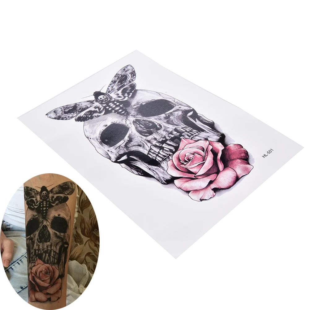 

New Waterproof Hot Temporary Tattoo Stickers Skull With Moth And Flower Cool Beauty Tattoo
