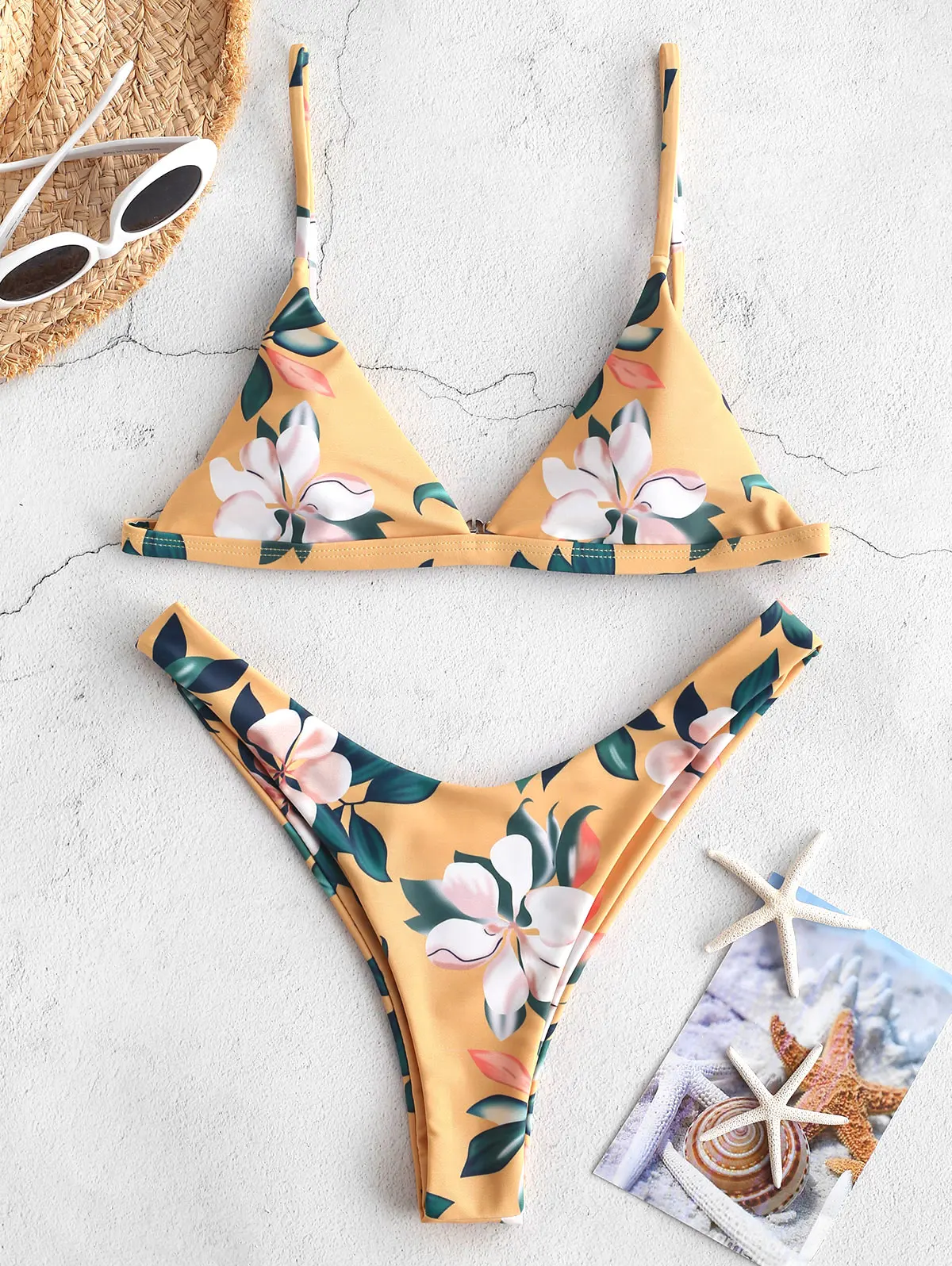 ZAFUL Leaf Print Набор для бикини с глубоким вырезом и Тонкий-бретельками Свободный мягкий купальник Пуловер Повседневный пляжный купальник Бикини