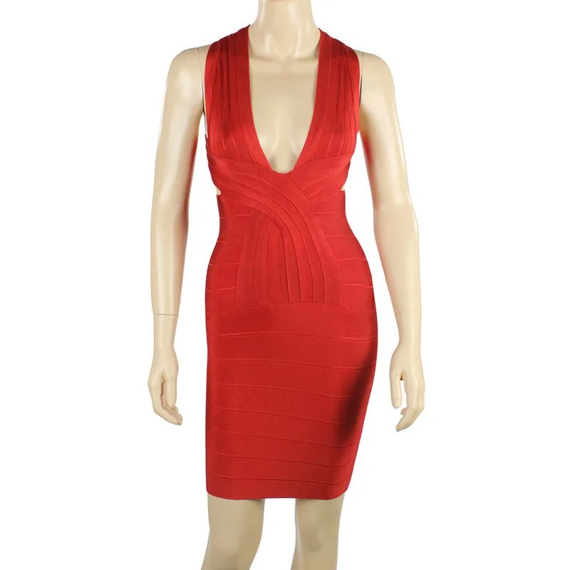 Bodycon повязка платье красное без рукавов v образным вырезом модный сексуальный