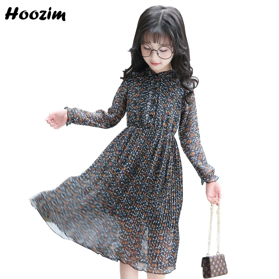 Summer Chiffon Long Sleeve Dress For Girls 8 9 10 11 12 13 14 Age Cute Holiday Dresses Teenage Print Flower Beach Children | Детская