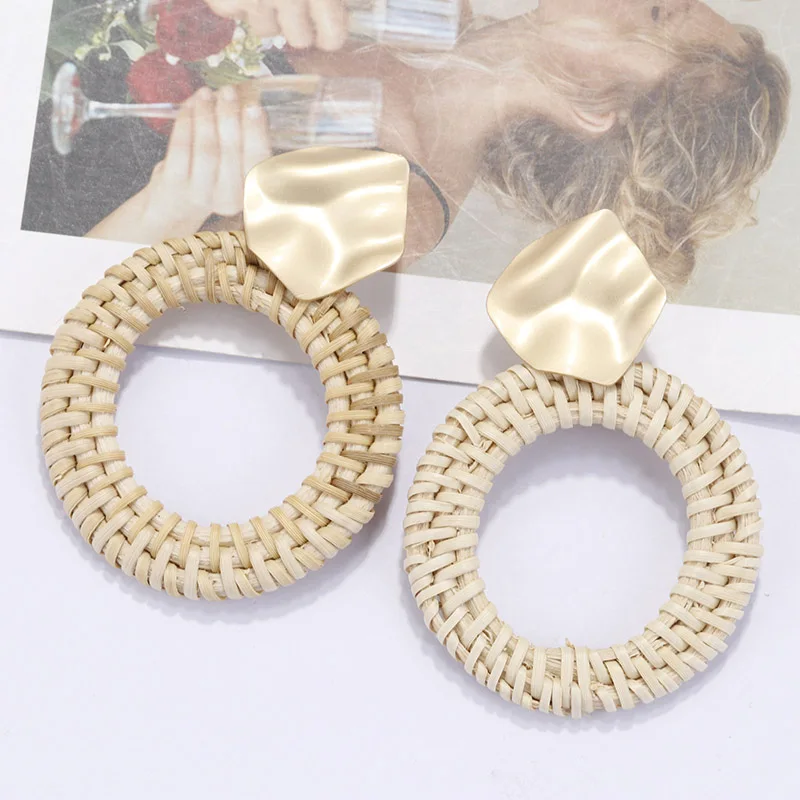Gold Hollow AENSOA, несколько, Корея, ручная работа, Бамбуковая коса, подвески, висячие серьги, новая мода, ротанг, лоза, вязанные длинные серьги для женщин, девушек - Окраска металла: Gold Hollow