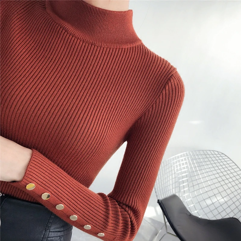 OHCLOTHING 2020 New Fashion half Korean Spring button Sleeve sweater Lady Female Tops Women knitted Turtleneck Pullover | Женская одежда