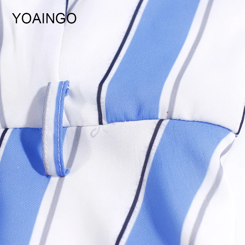 Лето 2017 г. платье Бутик Дамы Полосатый V воротник Однобортный средней длины