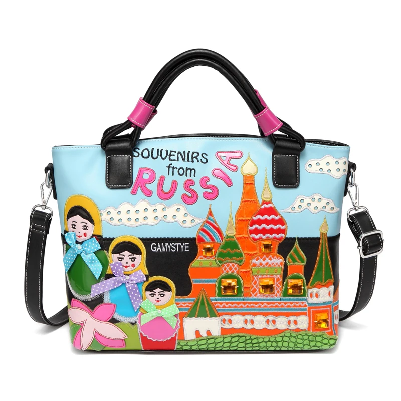 

Women Leather Patchwork Embroidery Shoulder Bags Messenger Bag Handbags Totes Braccialini Style Cartoon 3D Souvenirs From Russia