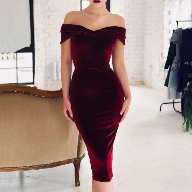 Wine Red Пикантные Для женщин с открытыми плечами бархат Обёрточная бумага платье Весна Slash шеи облегающее вечерние платье элегантное женское тонкое однотонное платье миди платья - Цвет: Wine Red