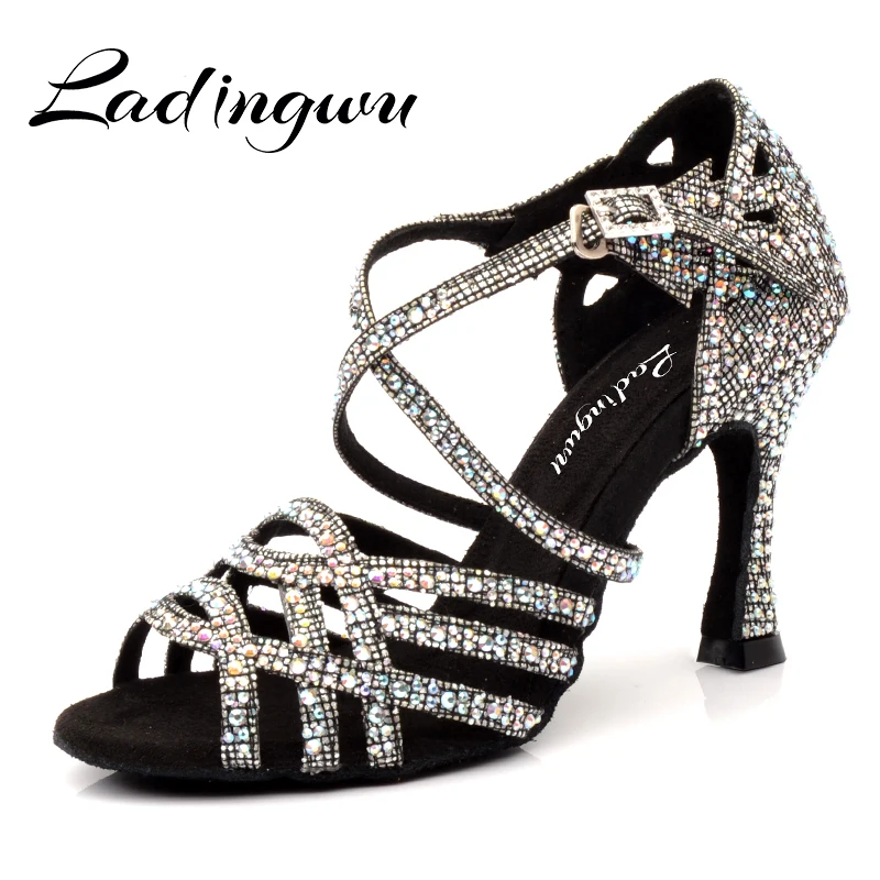 Ladingwu Zapatos De Baile Professional/черные женские танцевальные туфли черного цвета в клетку, на высоком каблуке, для сальсы, для латинских танцев, со стразами