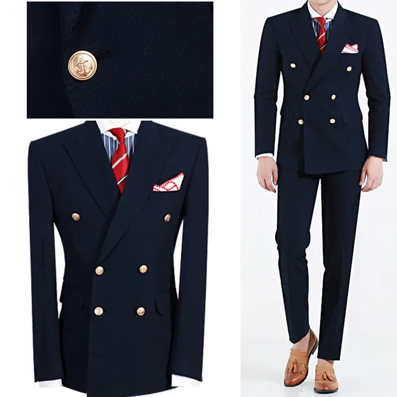 

Hot Recommend Double Breasted Navy Blue Groom Tuxedos Groomsmen Peak Lapel Mens Suits Blazers (Jacket+Pants+Tie) W:871