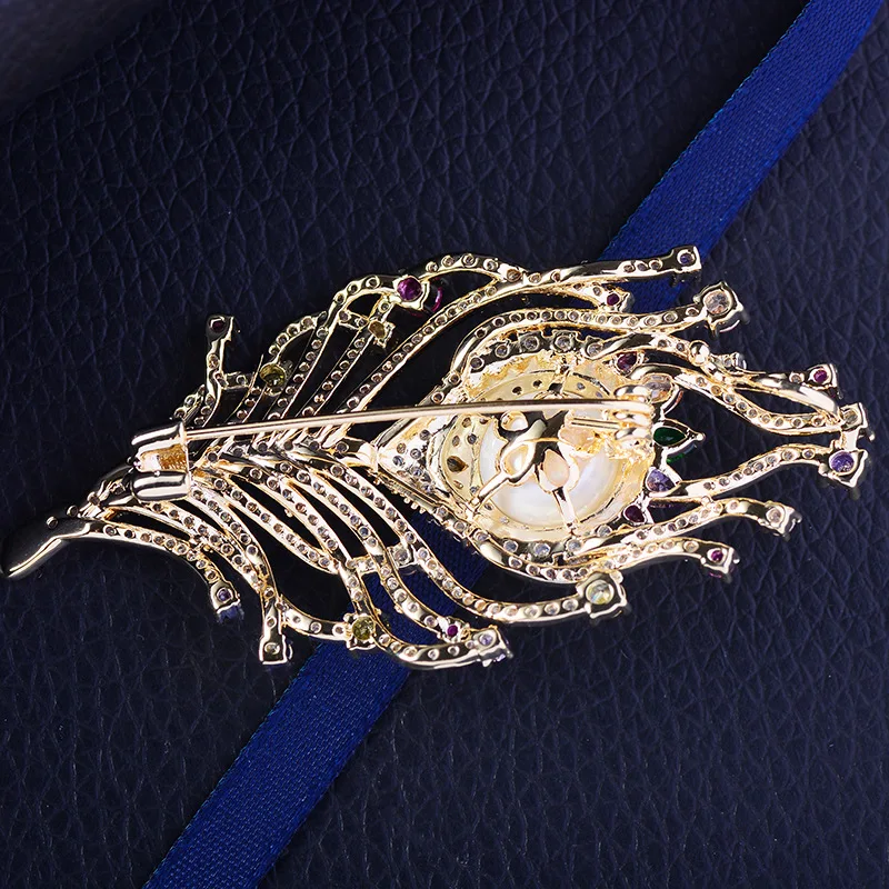 Elegant Cubic Zircon Pearl Feather Brooch Pin Women Party Bridal Wedding Jewelry 3175 | Украшения и аксессуары