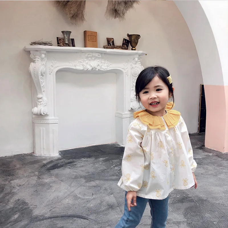 Новая весенняя рубашка для девочек с двойным воротником и принтом в виде куклы 19