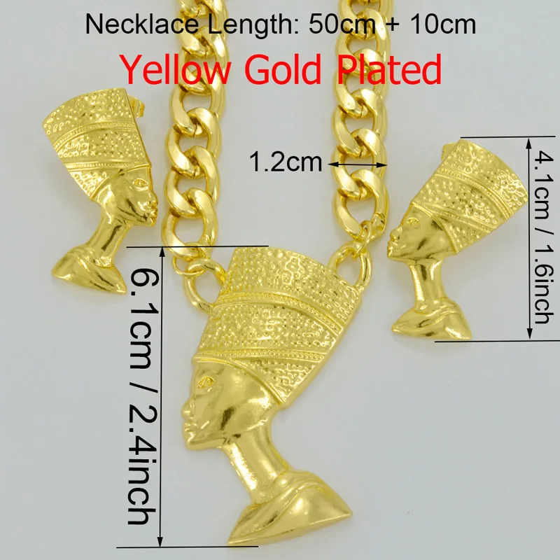 Anniyo Two Gold Color Egyptian Queen Nefertiti Pendant Thick Chain Earrings Sets Jewelry Africa Egypt #050406 | Украшения и