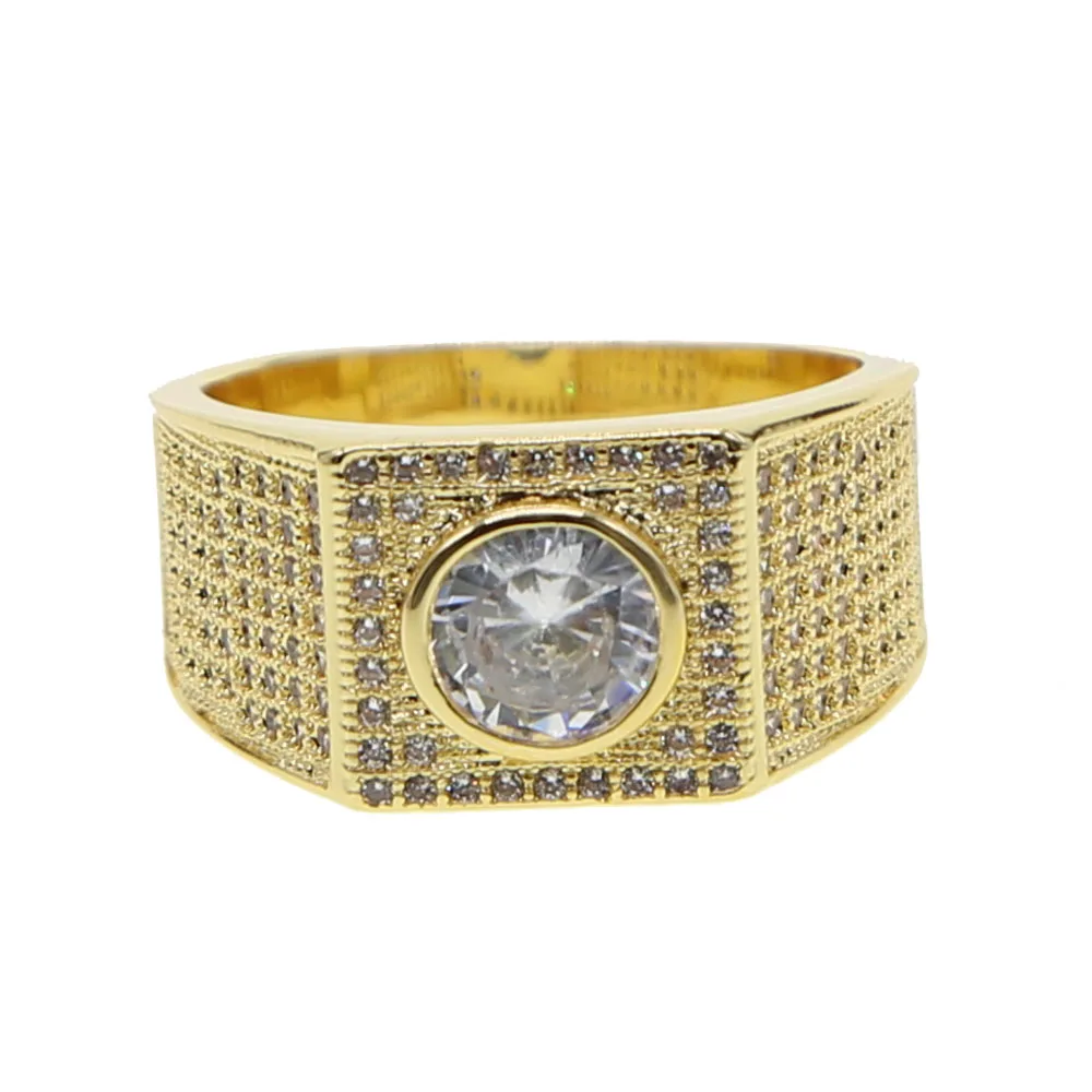 Hip Hop Full Micro Pave Rhinestone Iced Out Bling Square Ring Gold Color big cz Rings for Men Jewelry wholesale in promotion | Украшения и