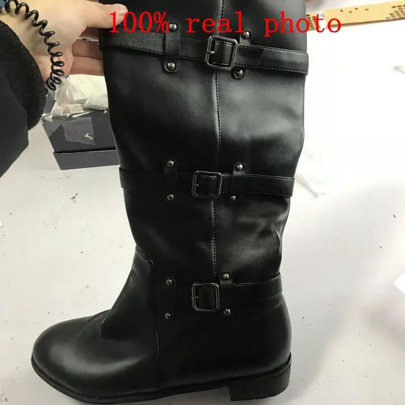 ASILETO Knee High boots women Motorcycle Boots flat Heels Buckle Shoes woman autumn Winter Riding botte booties bota D474|Сапоги до