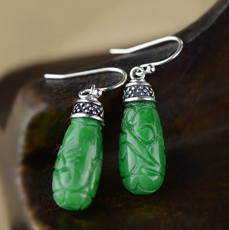 

KJJEAXCMY fine jewelS925 sterling silver earrings antique Thai silver inlay dry green jade Health Citroen female models shipping