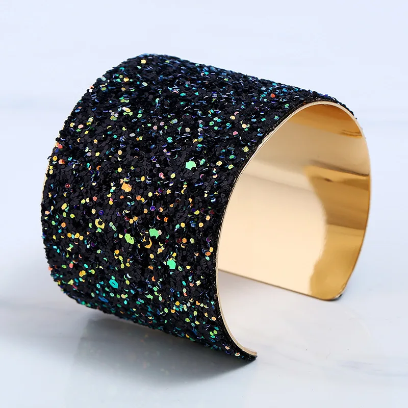 Personality Sequin Alloy Opening Wide Bangle Black Gold Jewelry Bracelet For Ladies Luxury Bracelets | Украшения и аксессуары