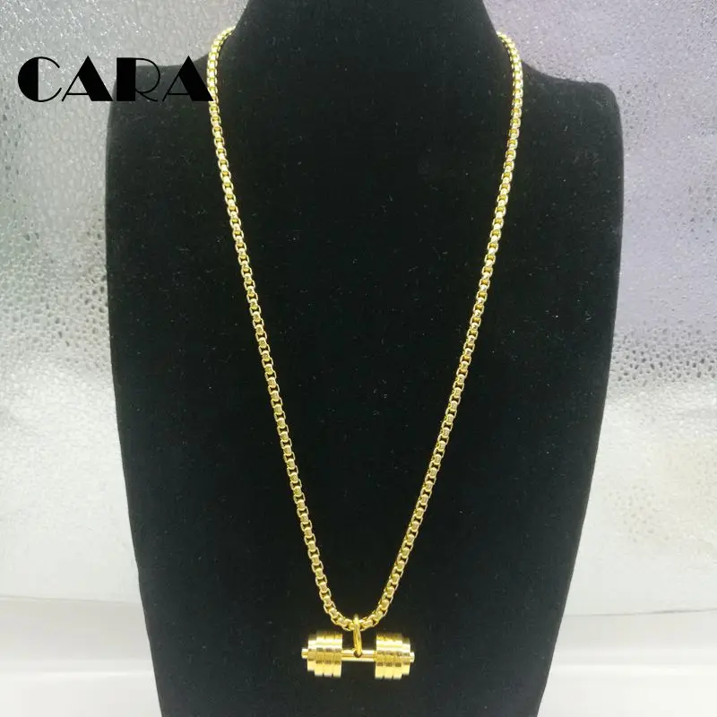 men fitness dumbell charm necklace gold color 70cm chain 316L stainless steel hip hop necklace jewelry pendant CAGF0221