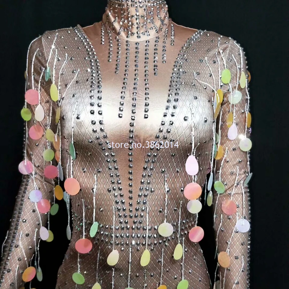 

Colorful Sequin Tassel Rhinestone Dress Women Birthday Evening Celebrate Party Dress Sexy Skinny One-piece Dance Stage Costume