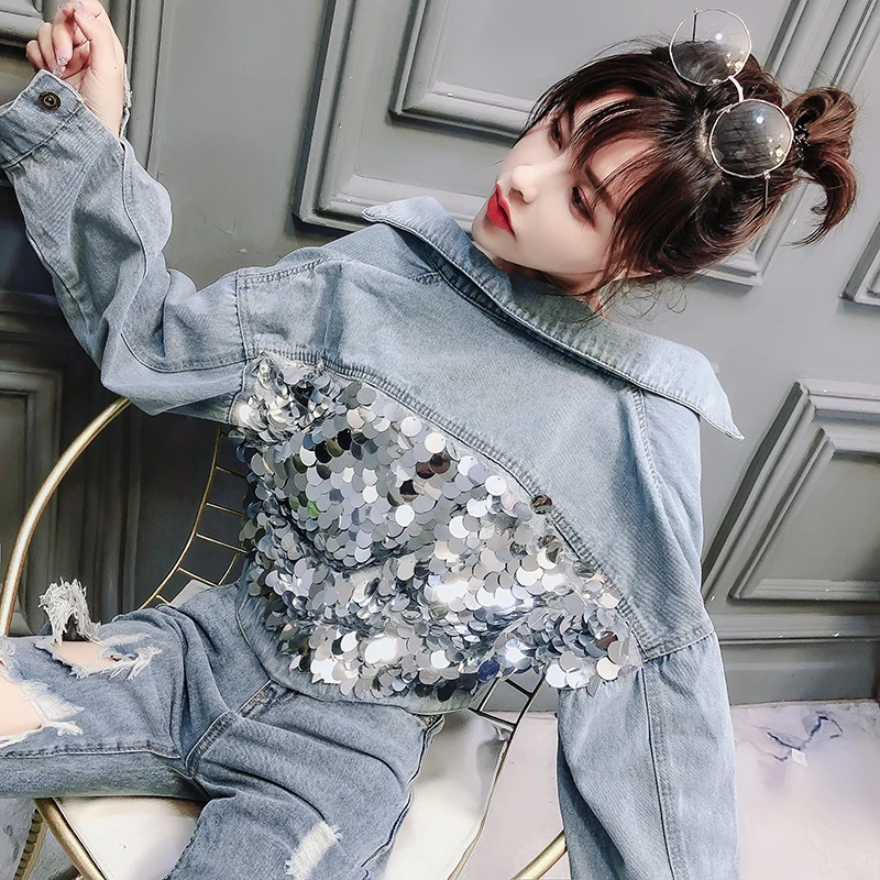 Новое Женское джинсовое пальто Jaket куртки с блестками на весну и осень