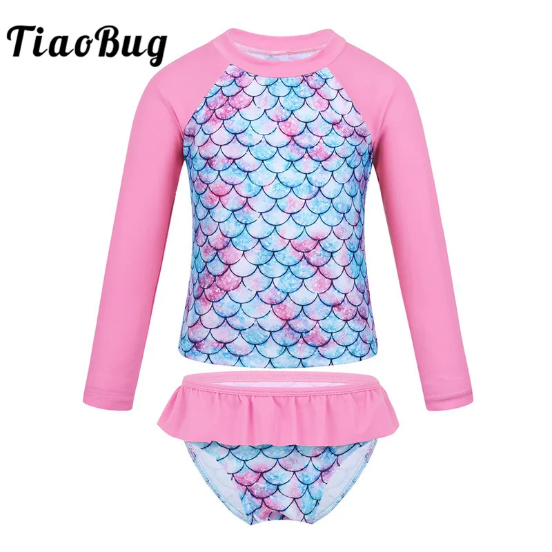 

TiaoBug Kids Girls Tankini Long Sleeve Mermaid Fish Scale Printed Rashguard Beach Swimwear Children Tops Bottom Bathing Suit Set