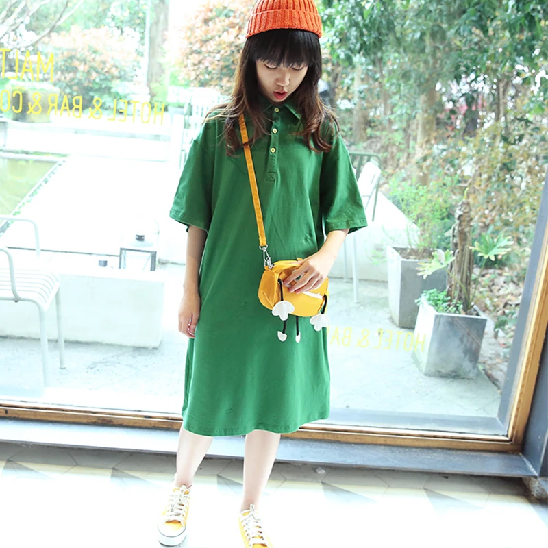 Green T-shirt Dress Girls NNGZ Summer Korean Casual Solid Short Sleeve Midcalf Turndown Collar Girl T-Shirt | Детская одежда и