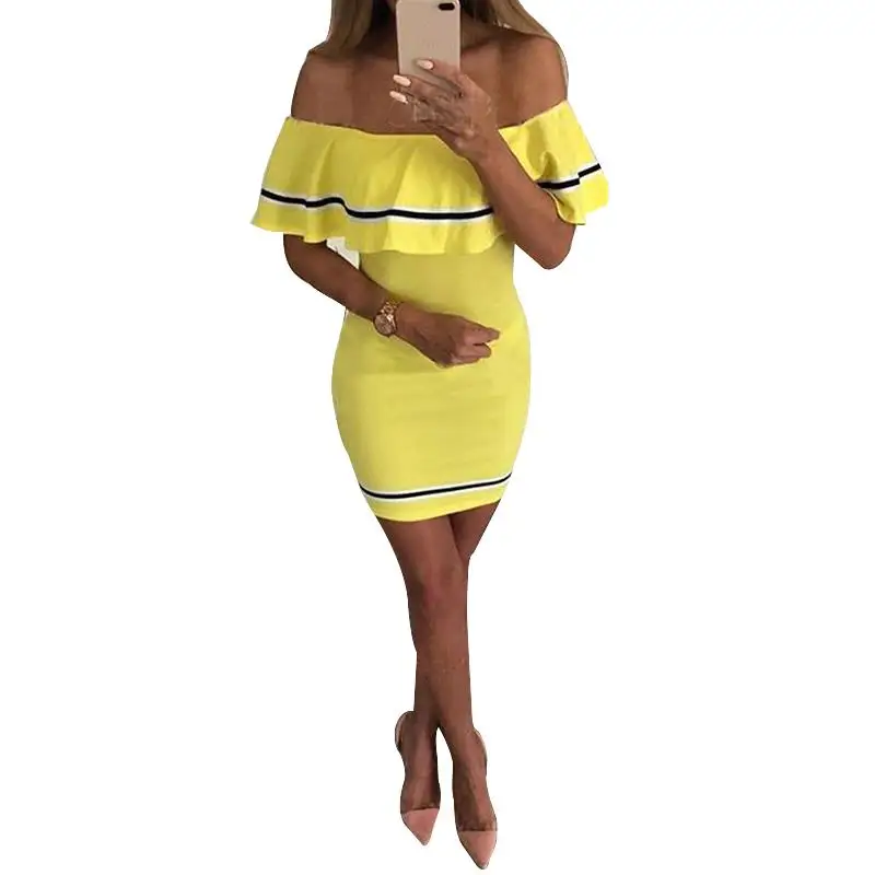 Летние женские пикантные Лоскутные ruffled off shoulder bodycon dress Дамы slash шеи Клубная