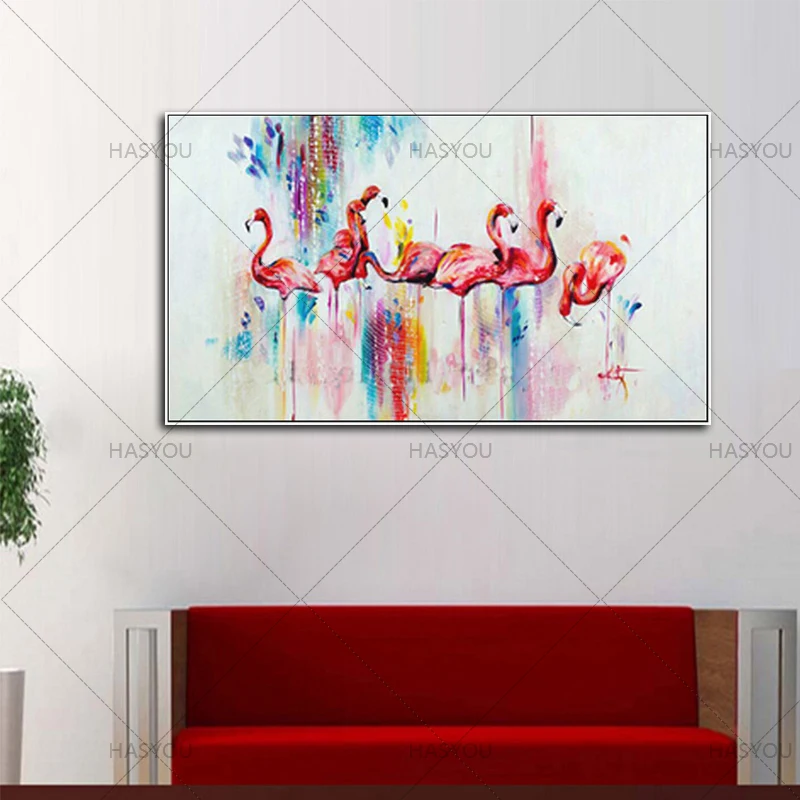 

100% Handpainted Abstract Flamingo Oil Painting On Canvas Pink Bird Oil Painting For Wall Decoration Flamingos Painting For Home