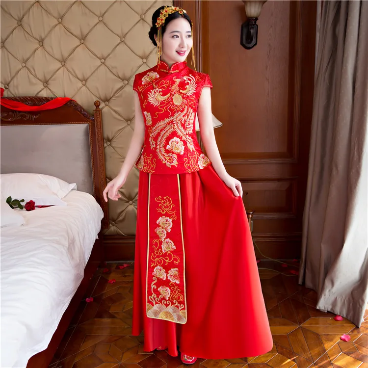 Красное традиционное шоу невесты вышивка cheongsam женатые костюмы китайский стиль